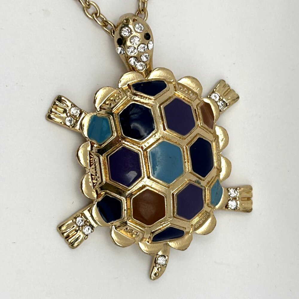 Articulated Turtle Pendant Necklace Enamel Shell Rhinestones 30-33 inches